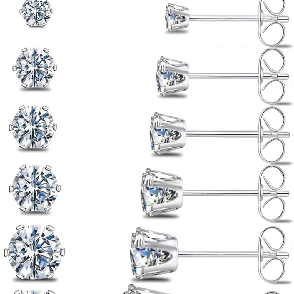 Silver Gold Black Stud Earrings Set 7Pairs Hypoallergenic CZ Titanium Steel